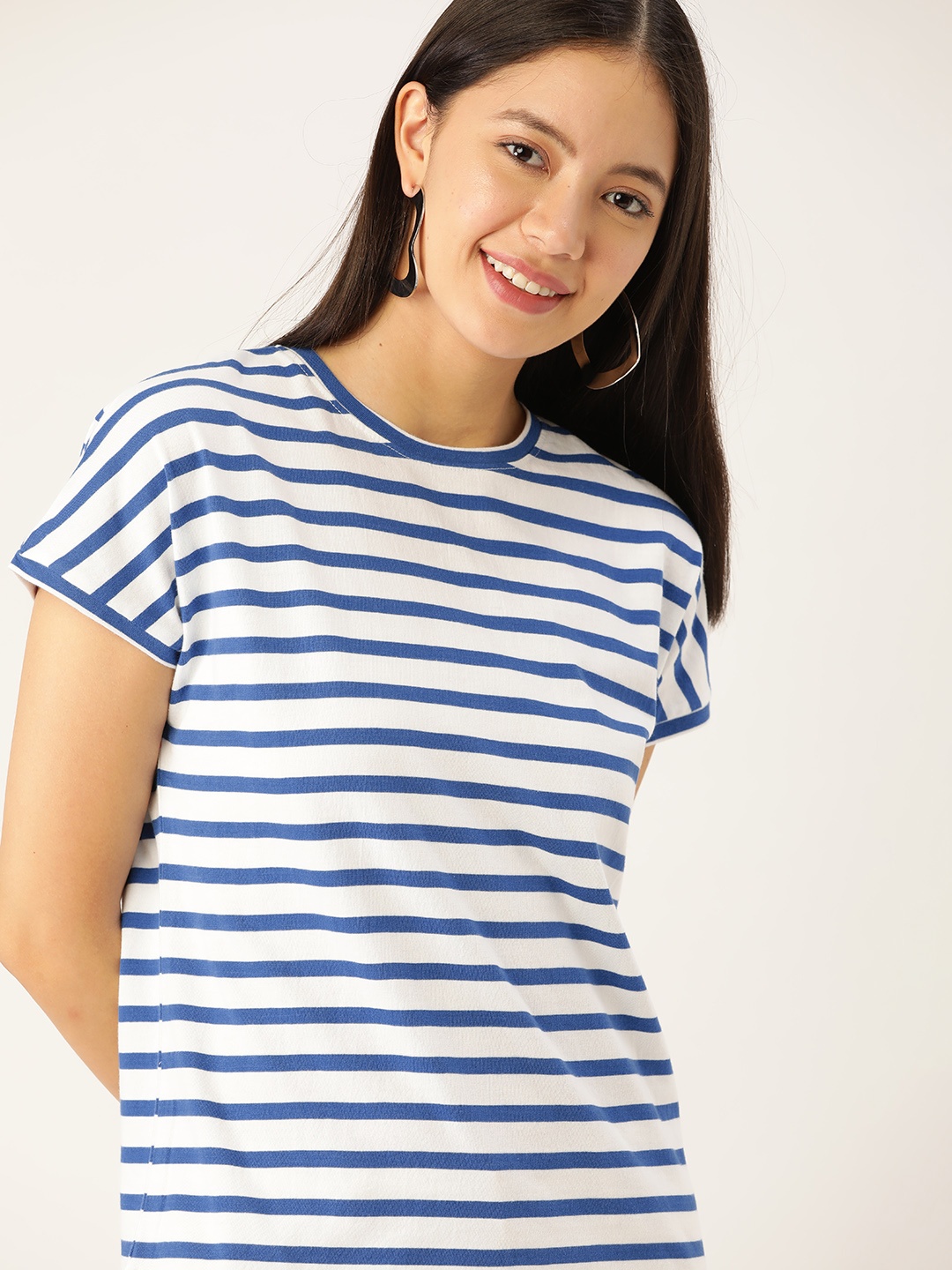 

DressBerry Women White & Blue Striped Round Neck T-shirt