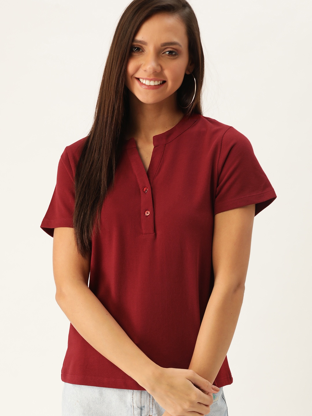 

DressBerry Women Maroon Solid Mandarin Collar T-shirt
