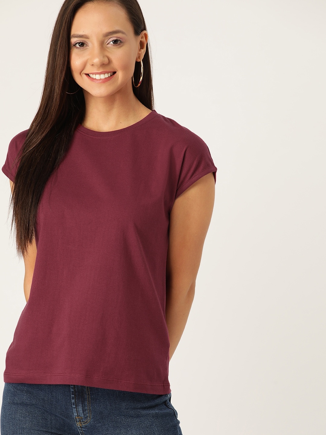 

DressBerry Women Burgundy Solid Round Neck T-shirt