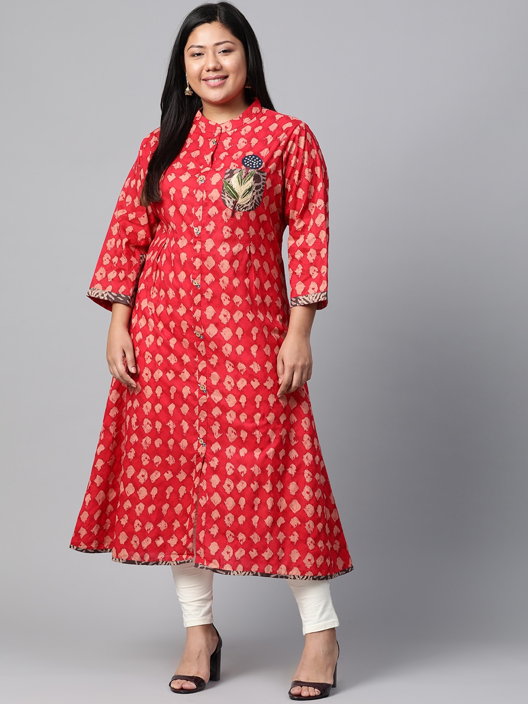 

Divena Women Red & Beige Pleated Embroidered Detail Printed A-Line Kurta