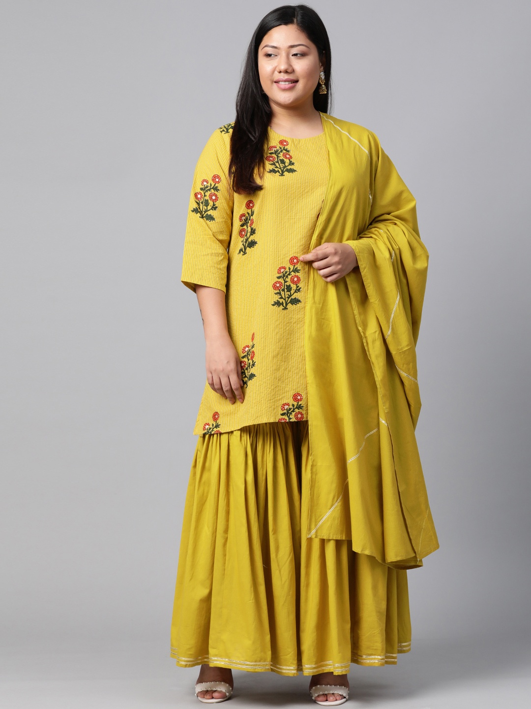 

Divena Women Lime Green & Red Floral Print Kurta with Sharara & Dupatta