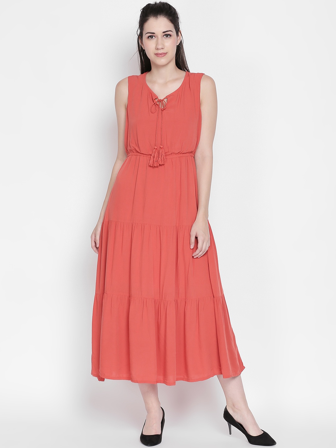 

Honey by Pantaloons Women Coral Pink Solid A-Line Dress