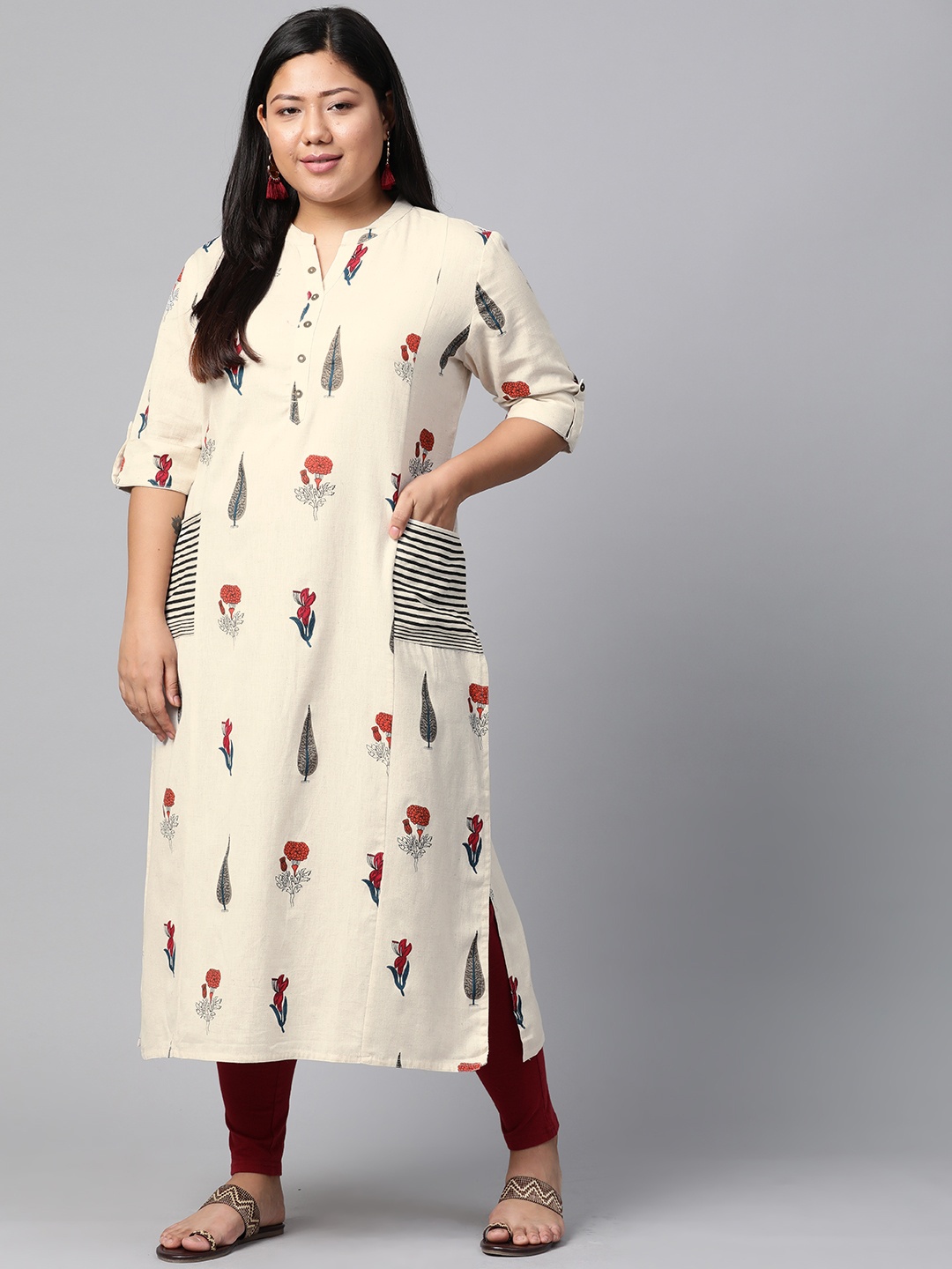 

Divena Women Off-White & Red Panelled Floral Printed Straight Kurta