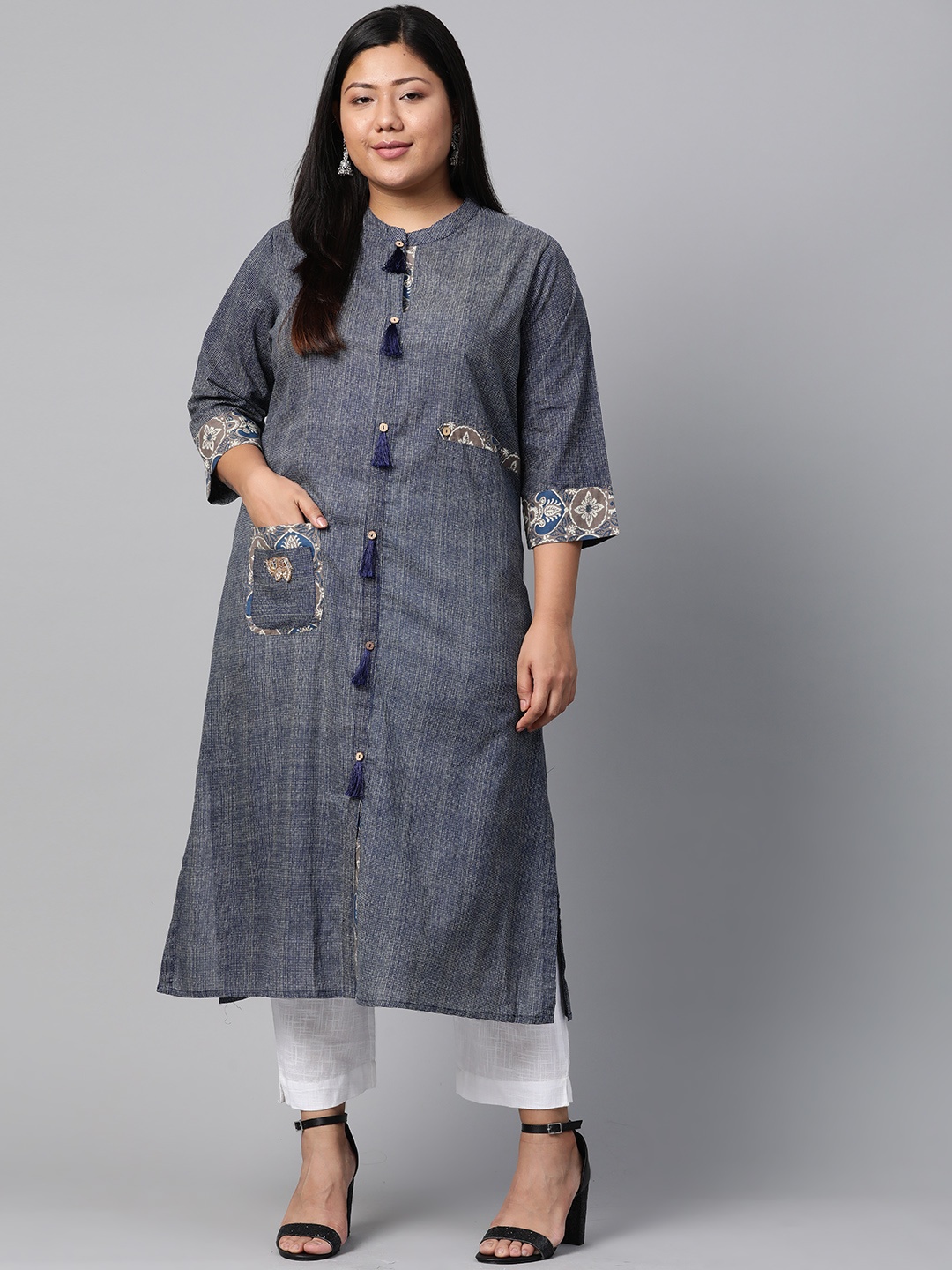 

Divena Women Blue & White Woven Design Straight Kurta