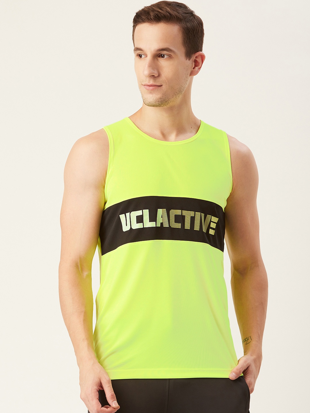 

UCLA Men Fluorescent Green & Black Printed Round Neck Running T-shirt
