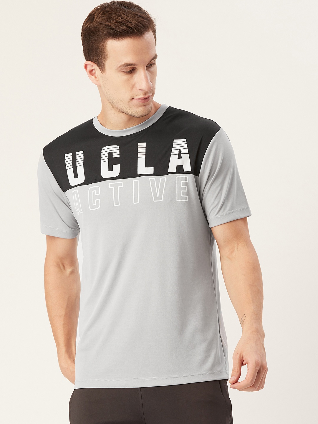 

UCLA Men Grey & Black Brand Logo Printed Round Neck Running T-shirt