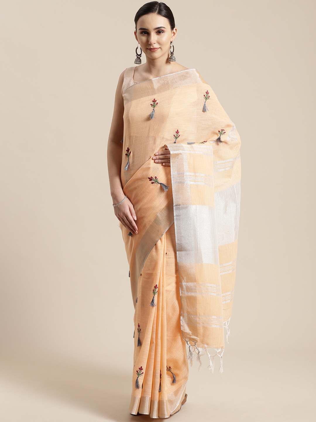 

Saree mall Peach-Coloured & Red Embroidered Saree