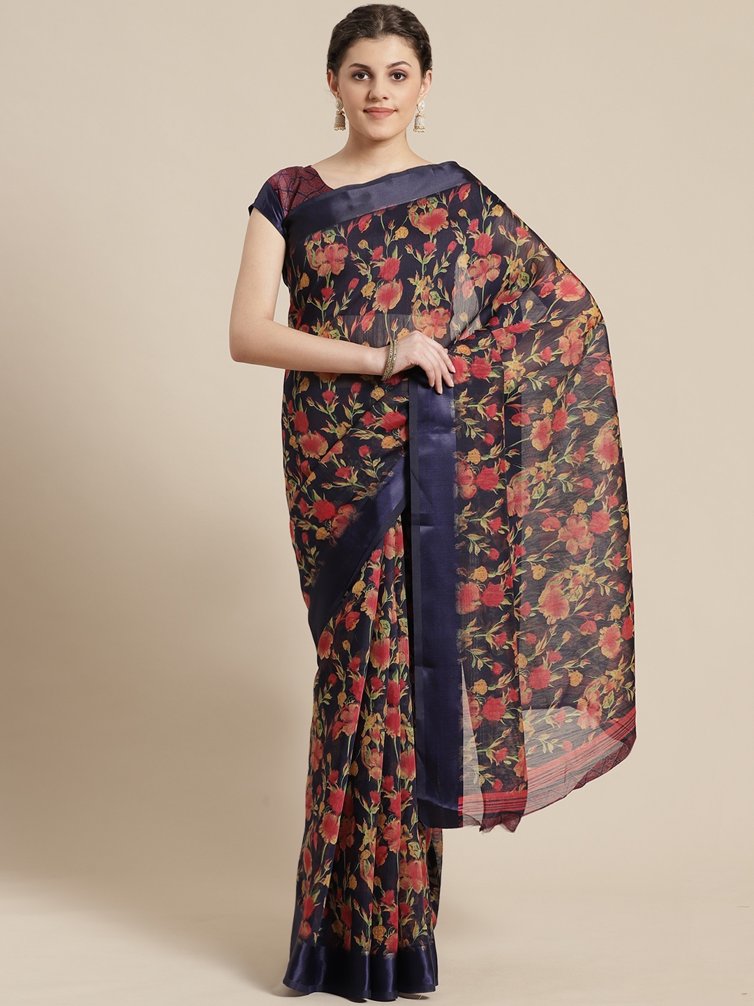 

Saree mall Navy Blue & Red Floral Printed Saree
