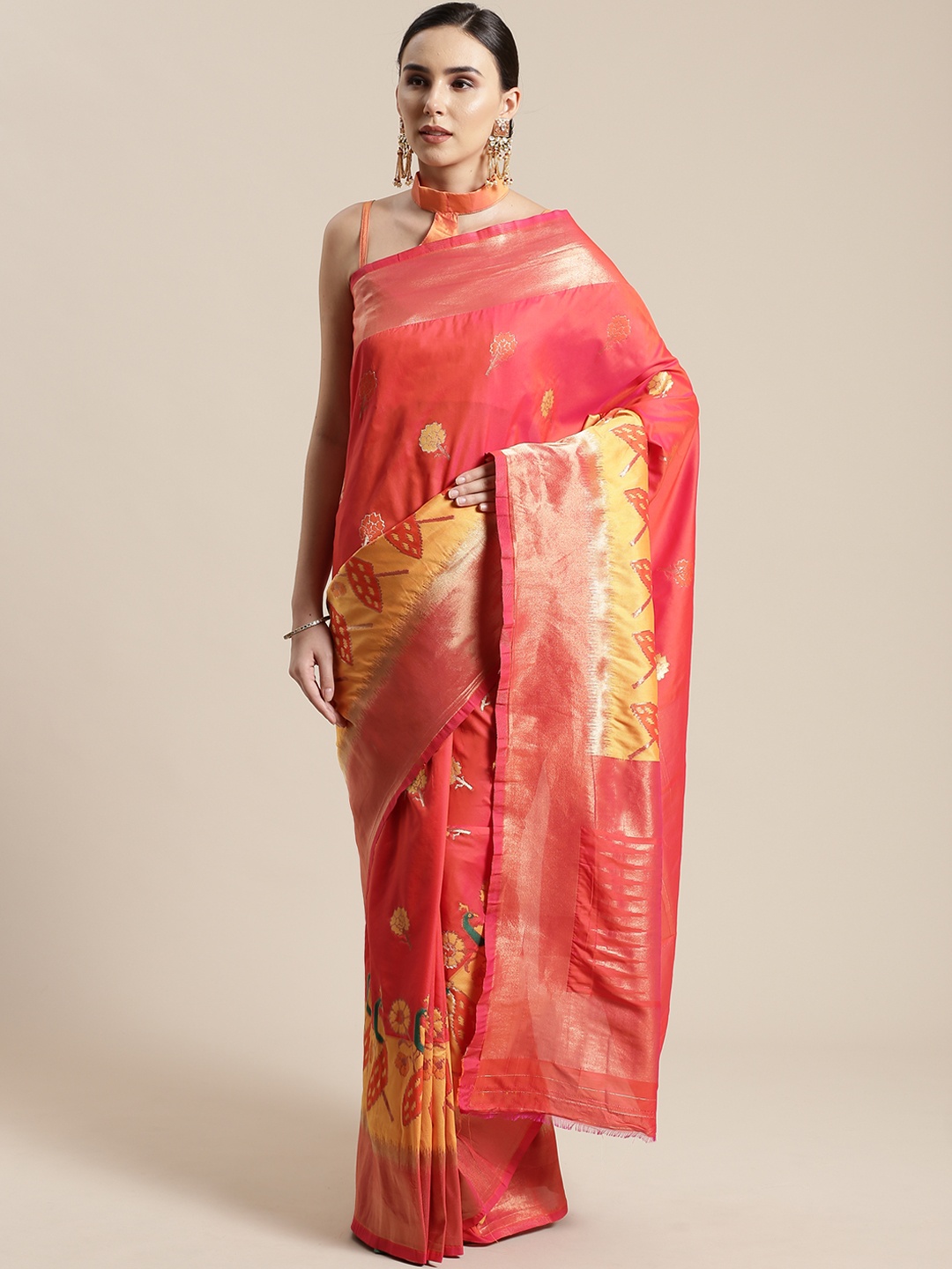 

Saree mall Coral Red & Yellow Woven Design Banarasi Saree