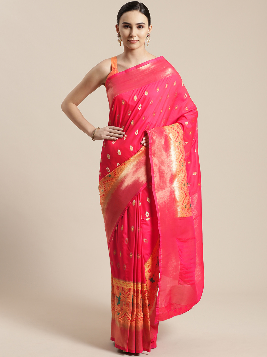 

Saree mall Pink & Golden Woven Design Banarasi Saree
