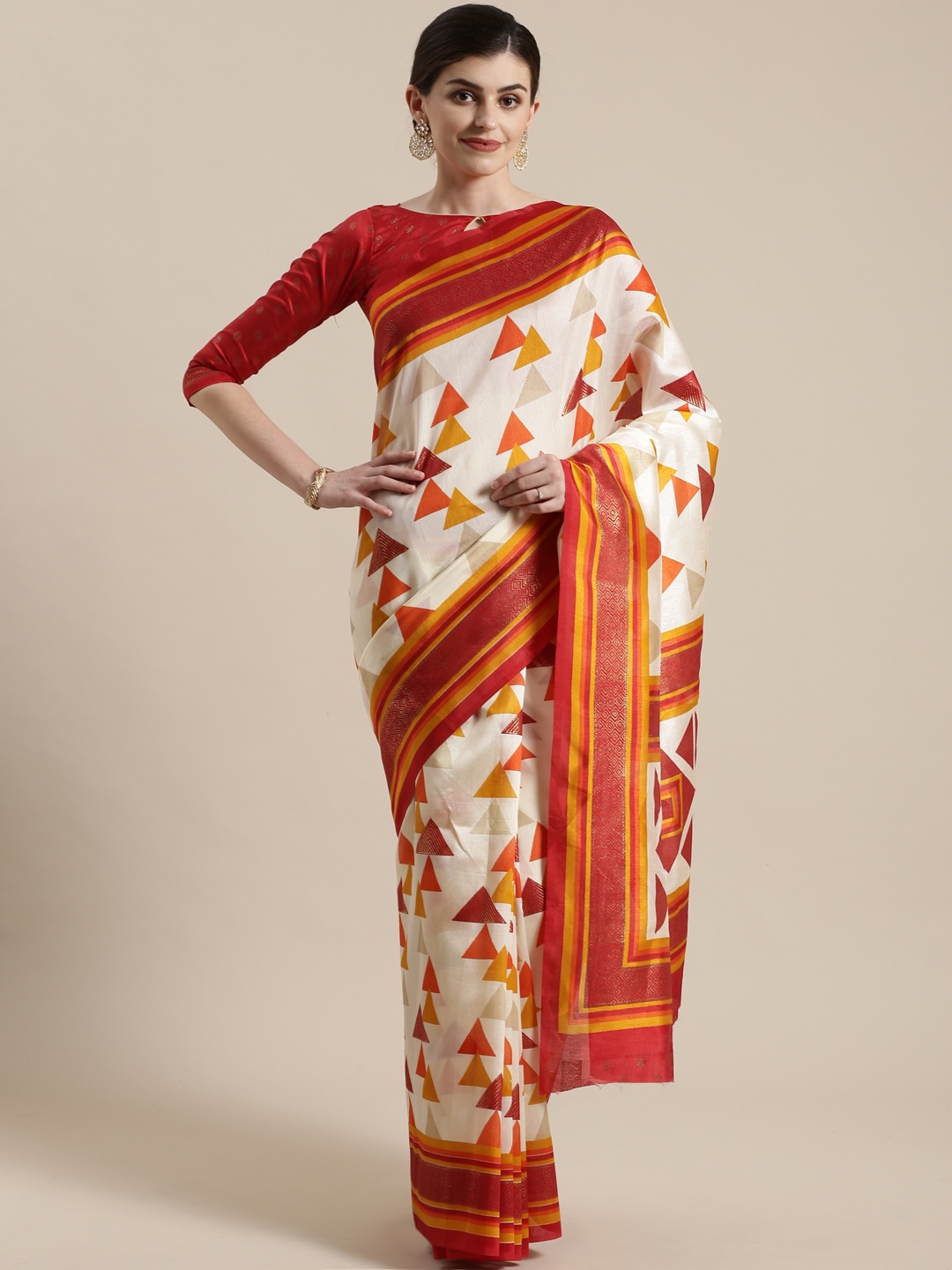 

Saree mall Off-White & Red Foil Printed Kasavu Saree