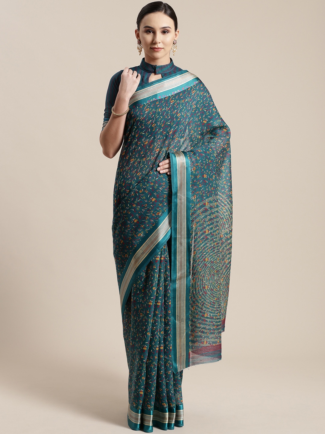 

Saree mall Teal Blue & Mustard Yellow Floral Printed Saree