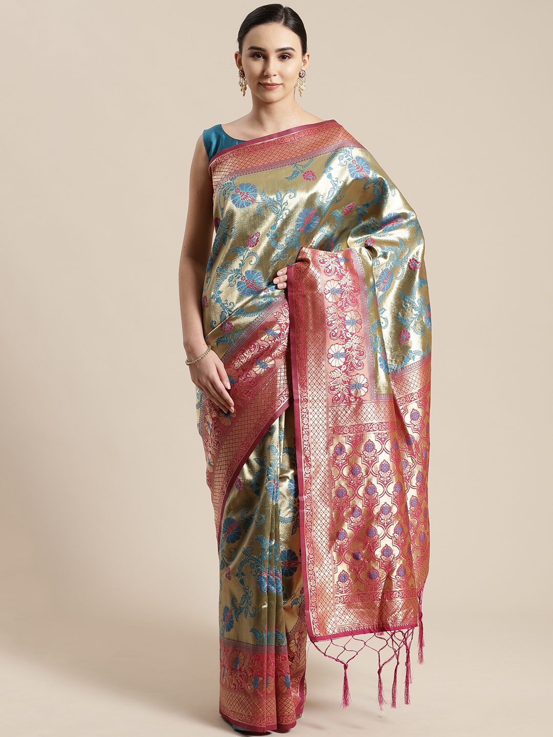 

Saree mall Golden & Blue Woven Design Banarasi Saree, Gold