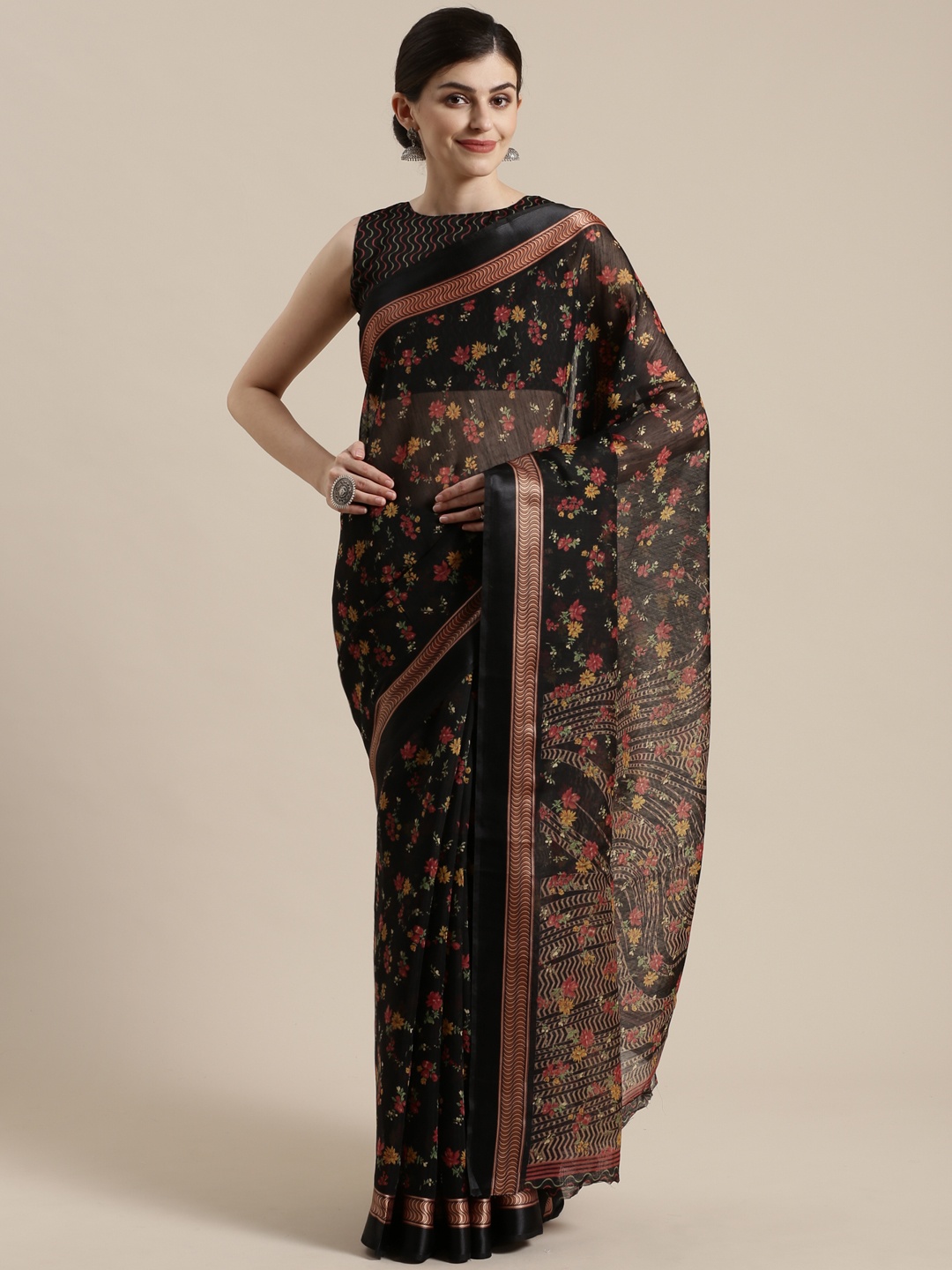 

Saree mall Black & Red Floral Printed Saree