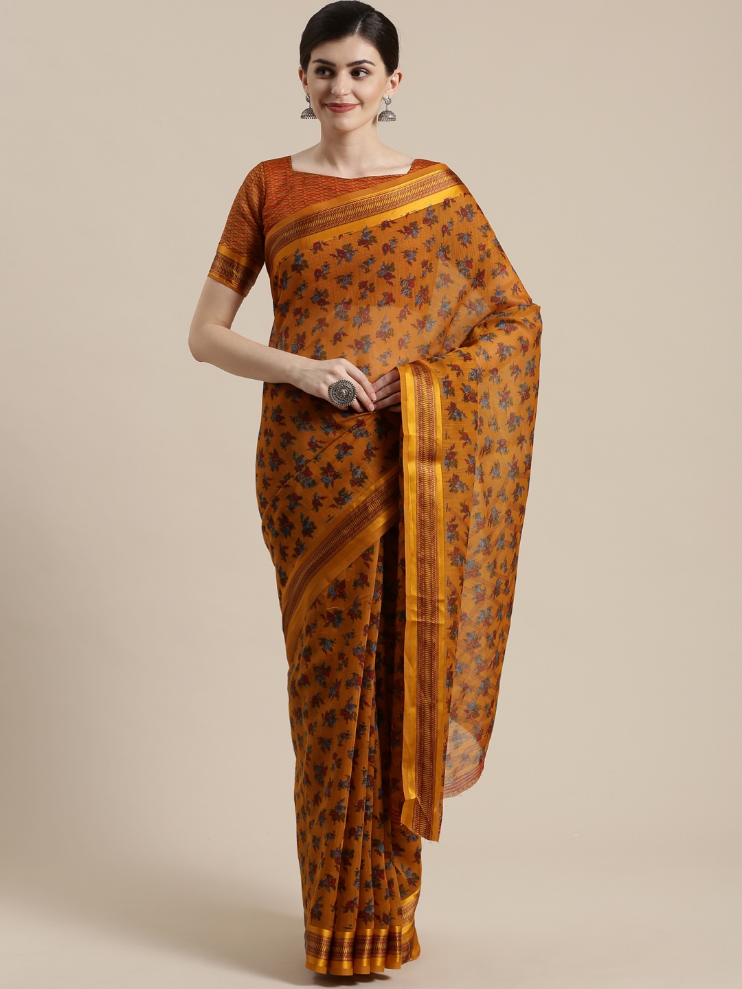 

Saree mall Mustard Brown & Blue Floral Print Saree