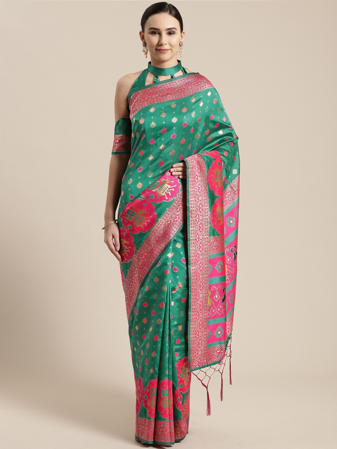 

Saree mall Teal Green & Pink Woven Design Banarasi Saree