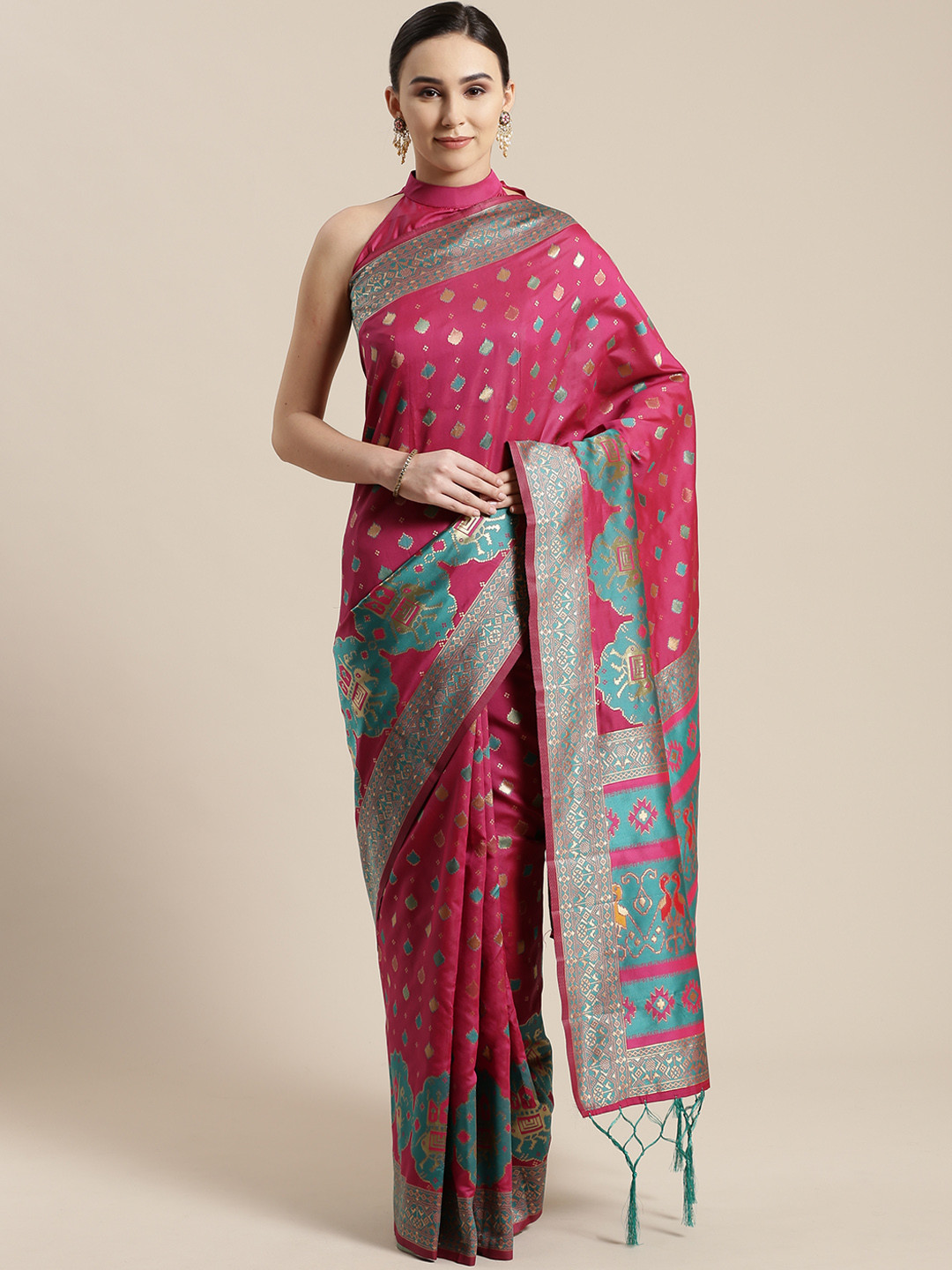 

Saree mall Pink & Green Woven Design Banarasi Saree
