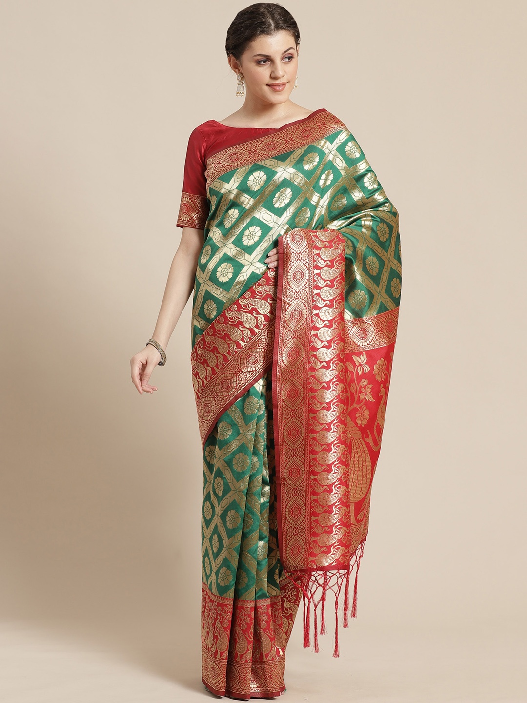 

Saree mall Green & Golden Woven Design Banarasi Saree