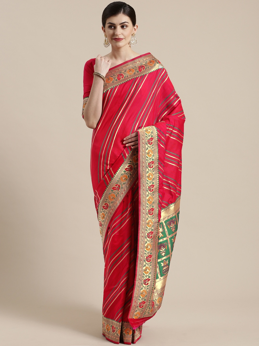

Saree mall Pink & Golden Striped Banarasi Saree