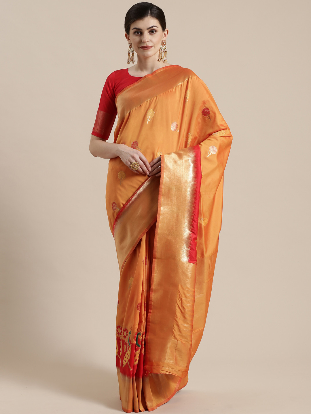 

Saree mall Orange & Red Woven Design Banarasi Saree