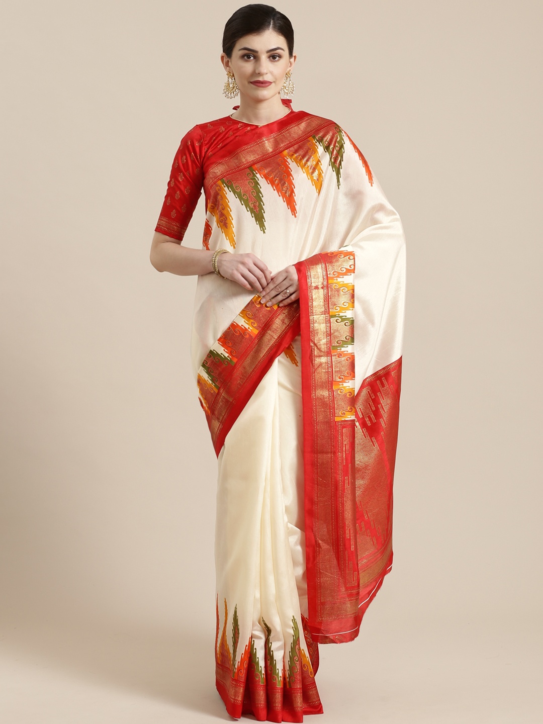 

Saree mall Off-White & Red Solid Kasavu Saree