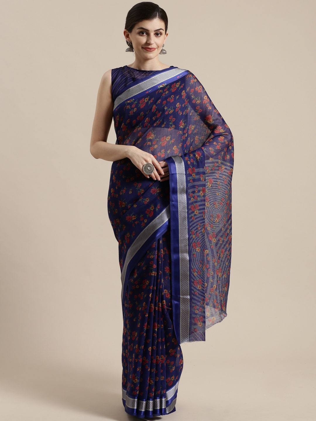 

Saree mall Navy Blue & Pink Floral Print Saree