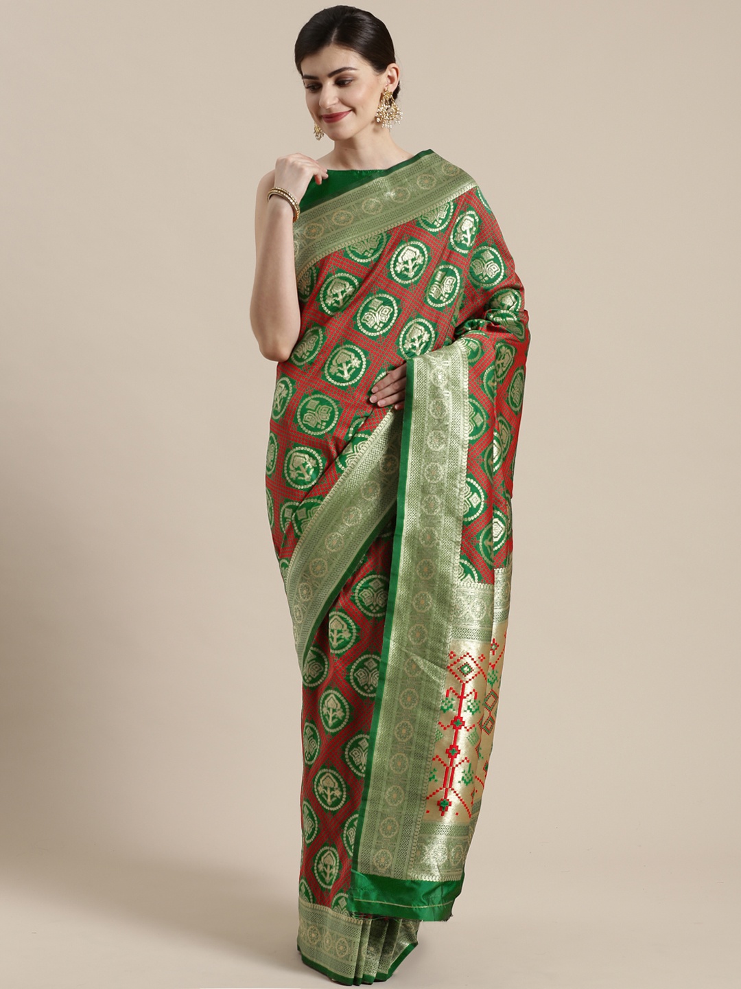 

Saree mall Green & Red Woven Design Banarasi Saree