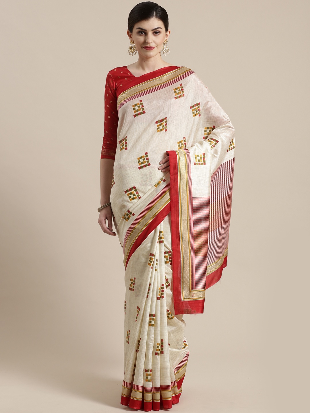 

Saree mall Off-White & Red Woven Design Kasavu Saree