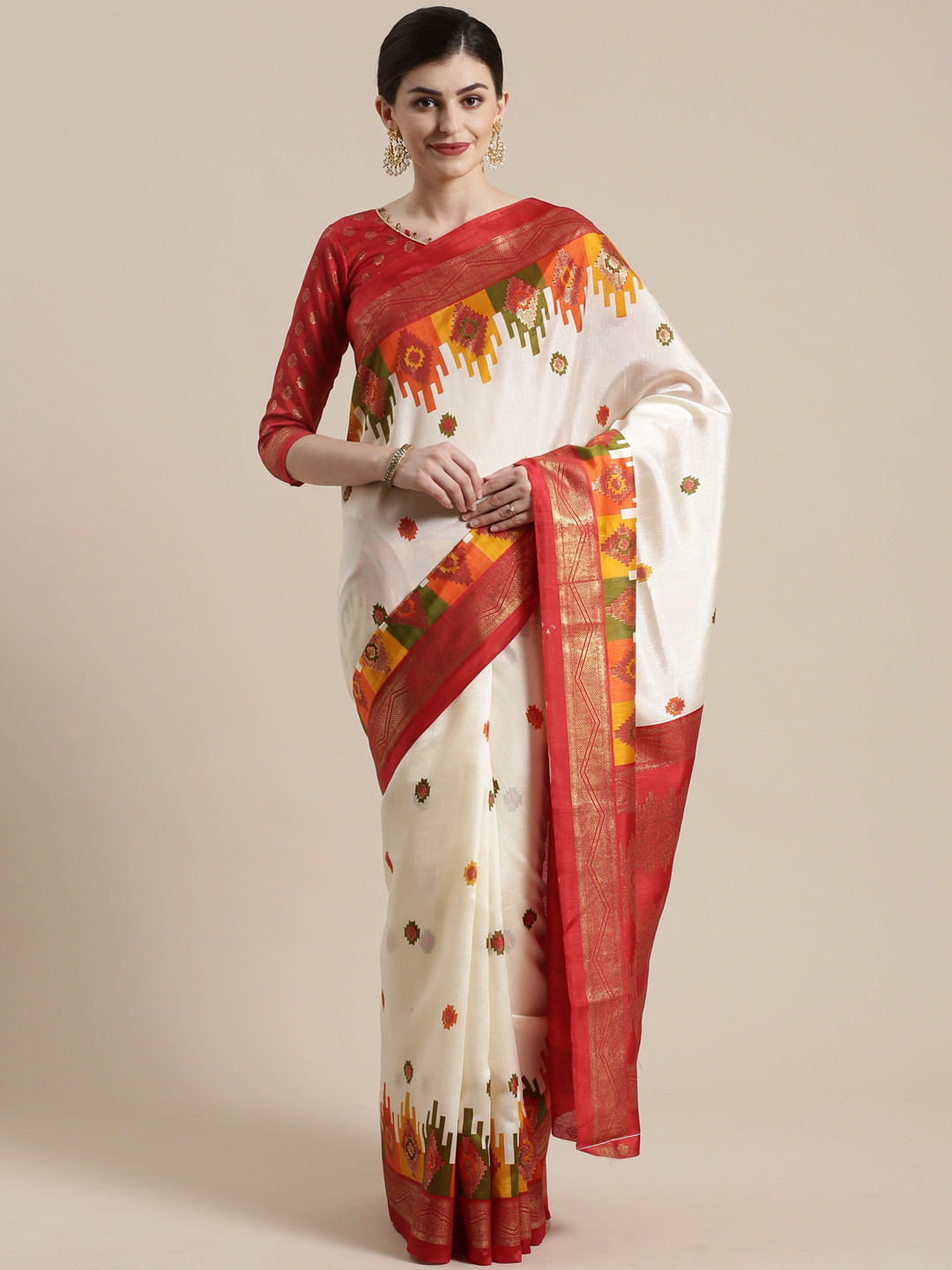 

Saree mall Cream-Coloured & Red Woven Design Kasavu Saree