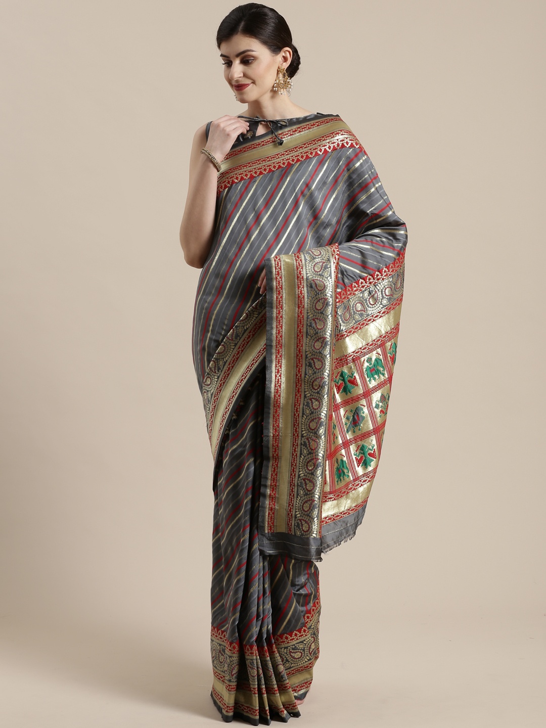 

Saree mall Charcoal Grey & Golden Striped Banarasi Saree