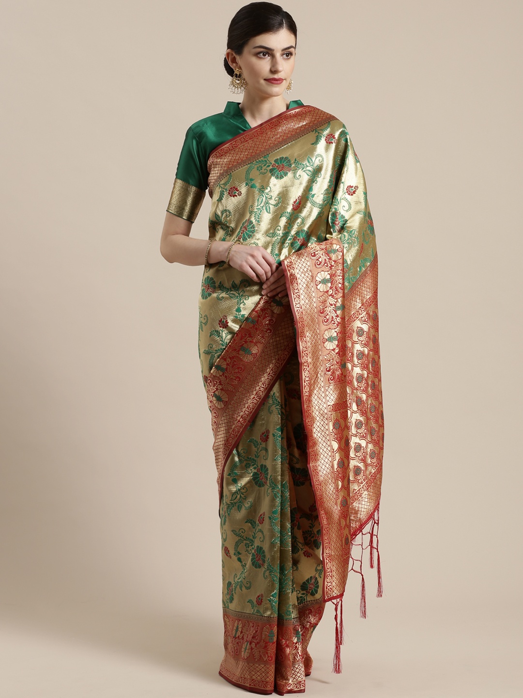 

Saree mall Golden & Green Woven Design Banarasi Saree, Gold