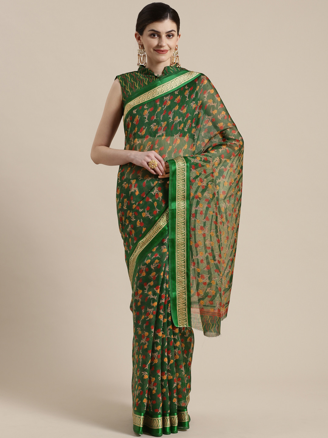 

Saree mall Green & Pink Floral Print Saree