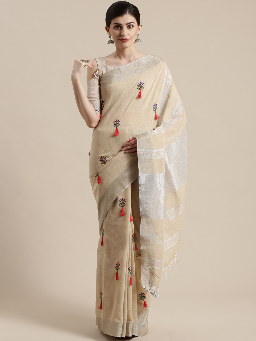 

Saree mall Beige & Blue Embroidered Saree