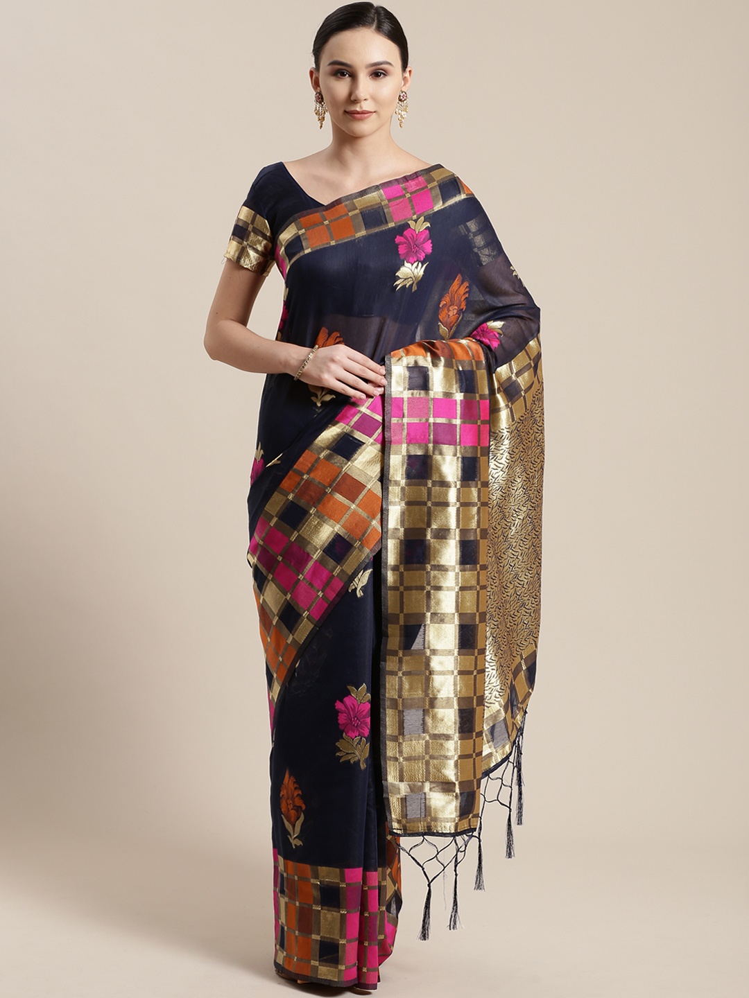 

Saree mall Navy Blue & Pink Floral Woven Design Bhagalpuri Saree
