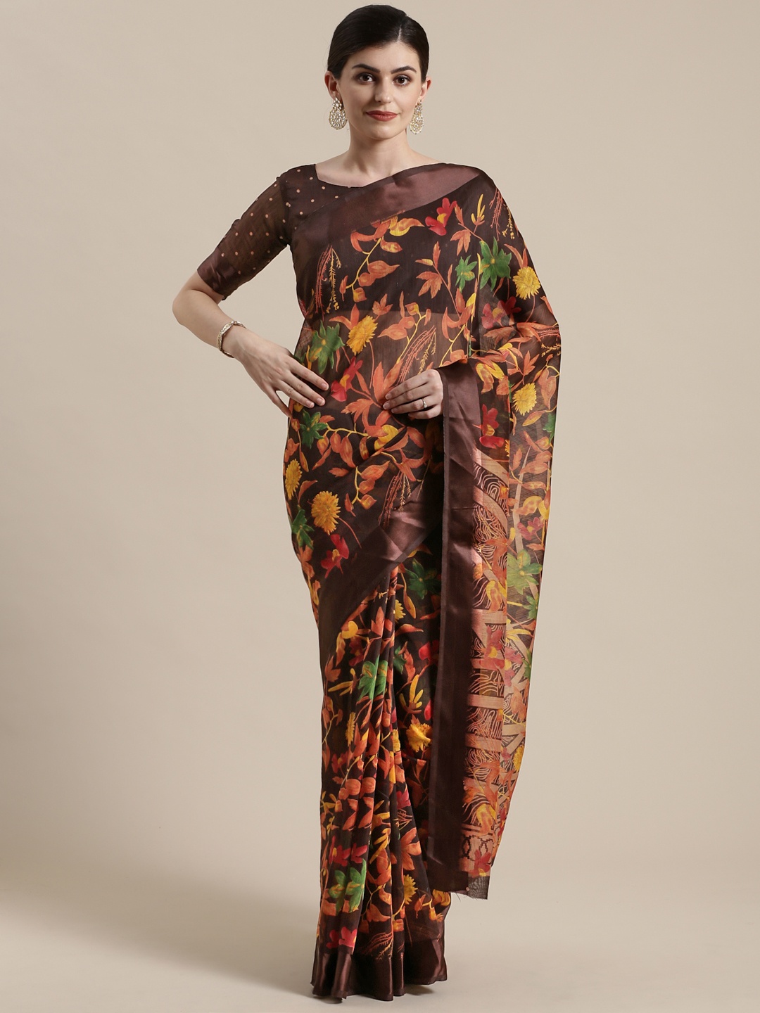 

Saree mall Coffee Brown & Mustard Yellow Floral Print Saree