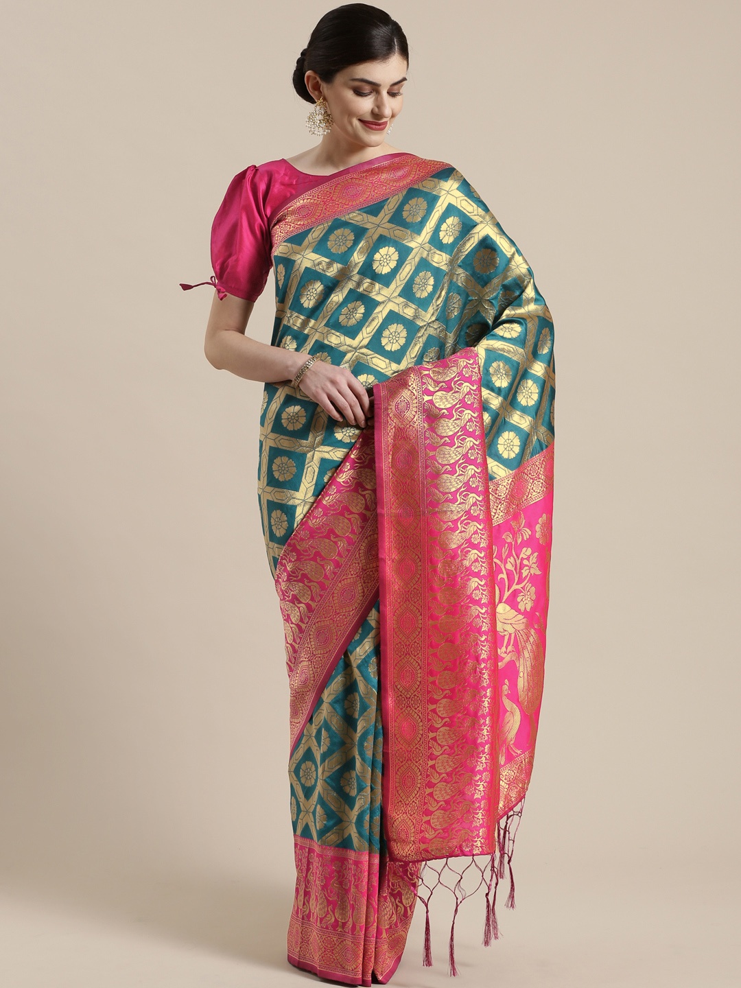 

Saree mall Teal Blue & Golden Woven Design Banarasi Saree