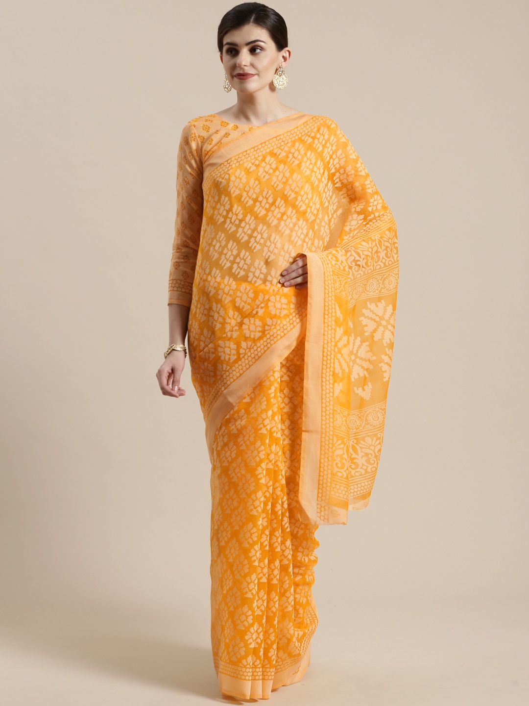 

Saree mall Orange & Off-White Printed Saree, Yellow