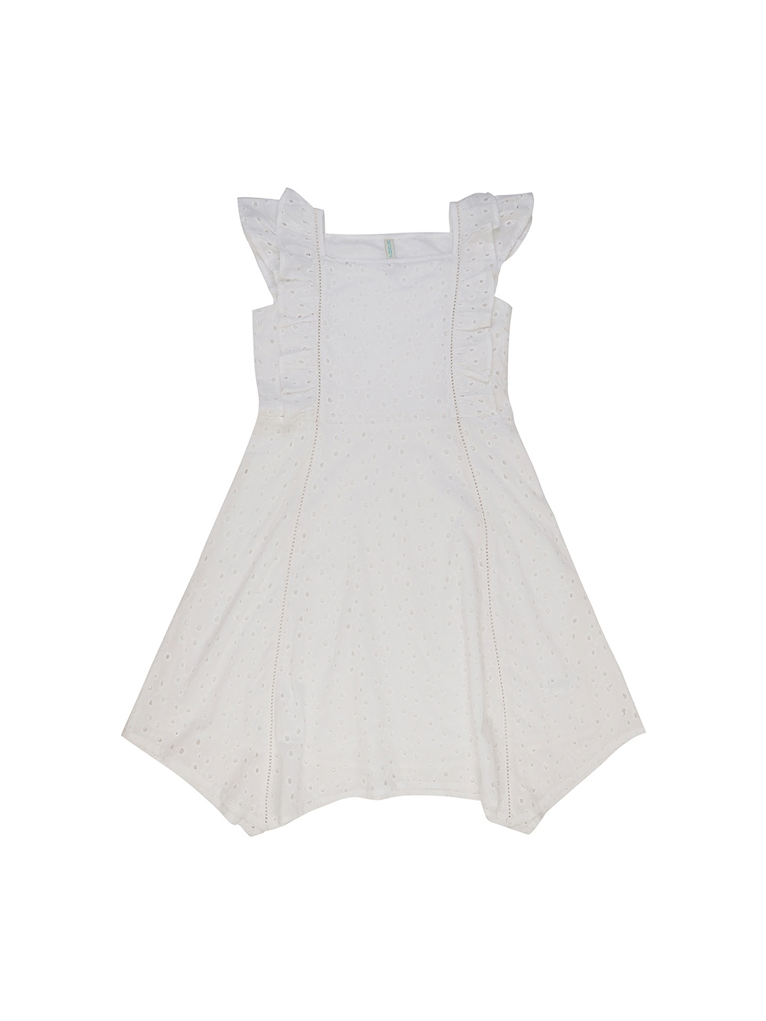 

Pantaloons Junior Girls Off-White Self Design A-Line Schiffli Dress with Ruffles
