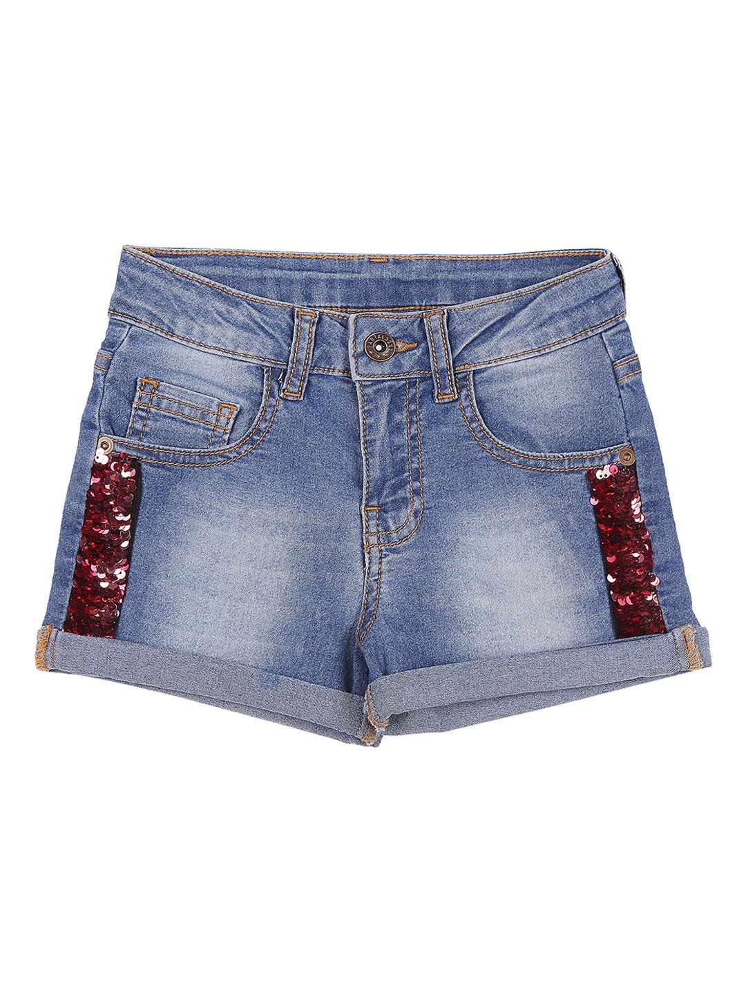 

Pantaloons Junior Girls Blue Washed Regular Fit Denim Shorts with Embellished Detail