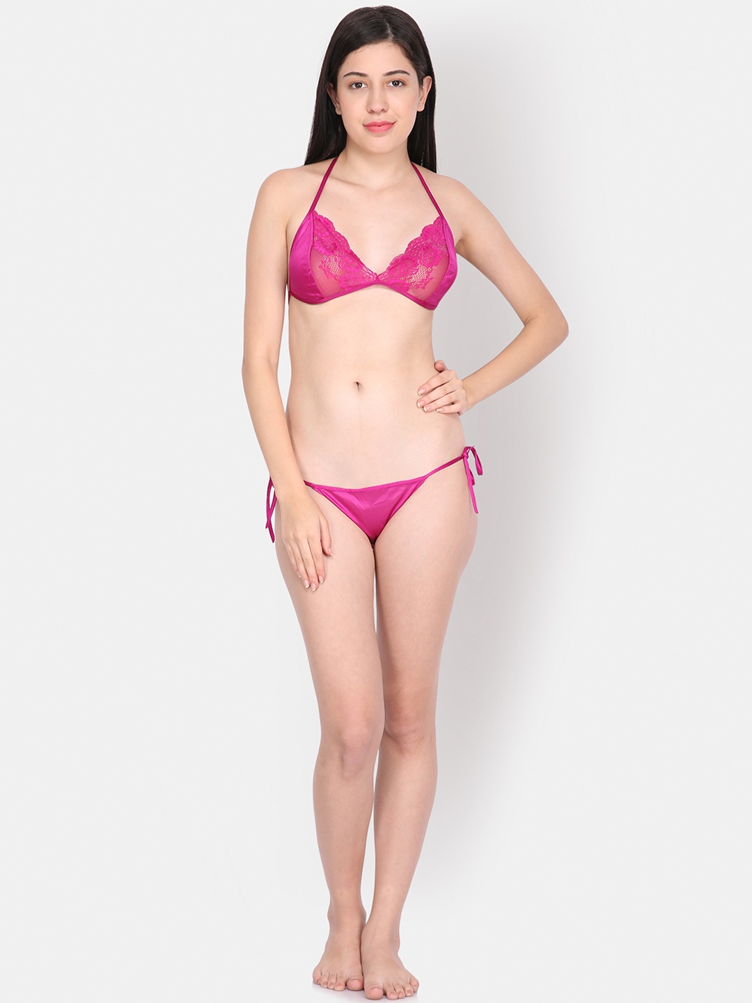 

Ms.Lingies Women Magenta Solid Satin and Lace Lingerie Set MSB06