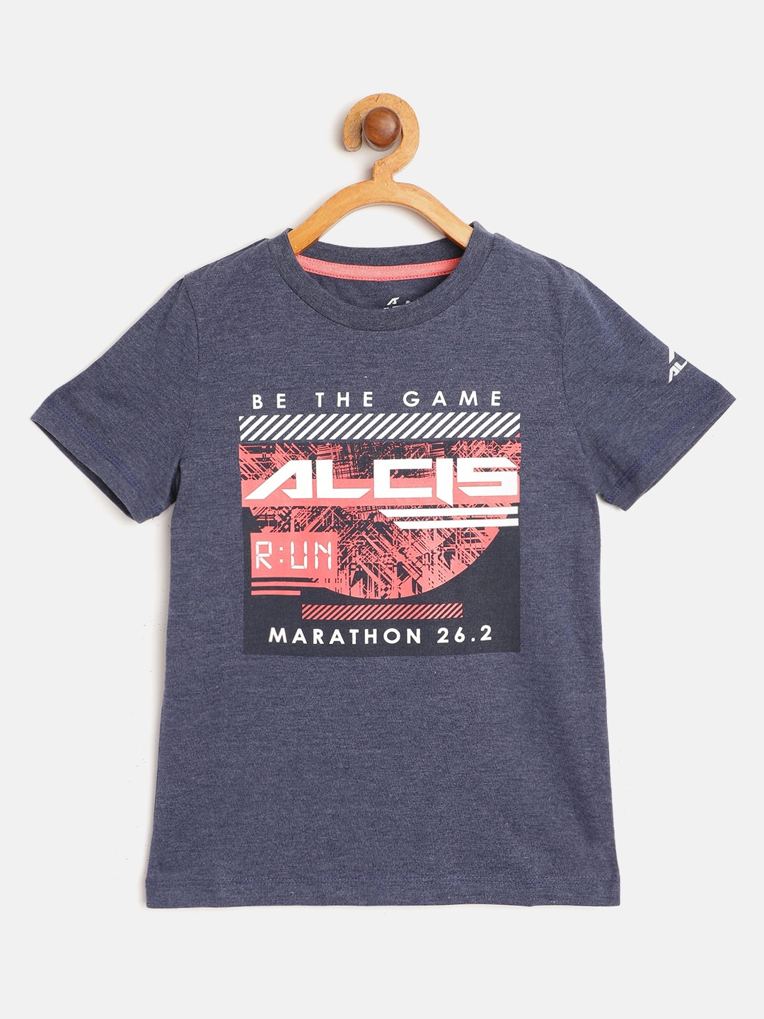 

Alcis Boys Navy Blue & Coral & Red Brand Logo Print Round Neck T-shirt