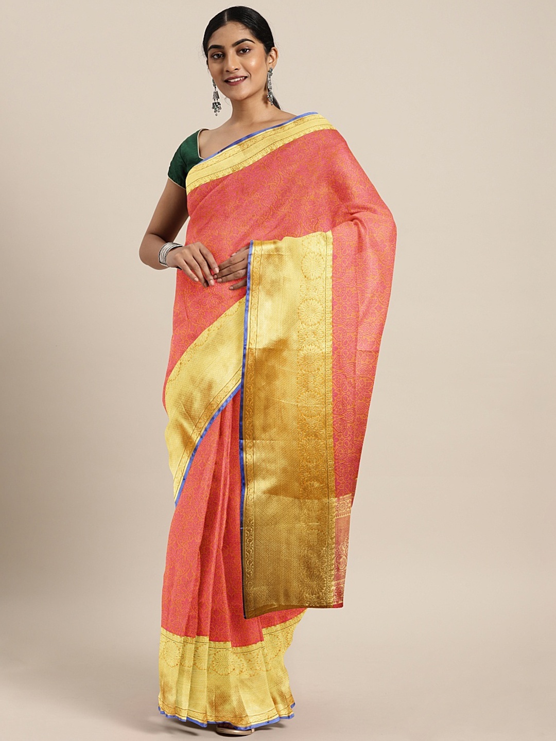 

Pavechas Orange & Yellow Silk Cotton Woven Design Banarasi Saree