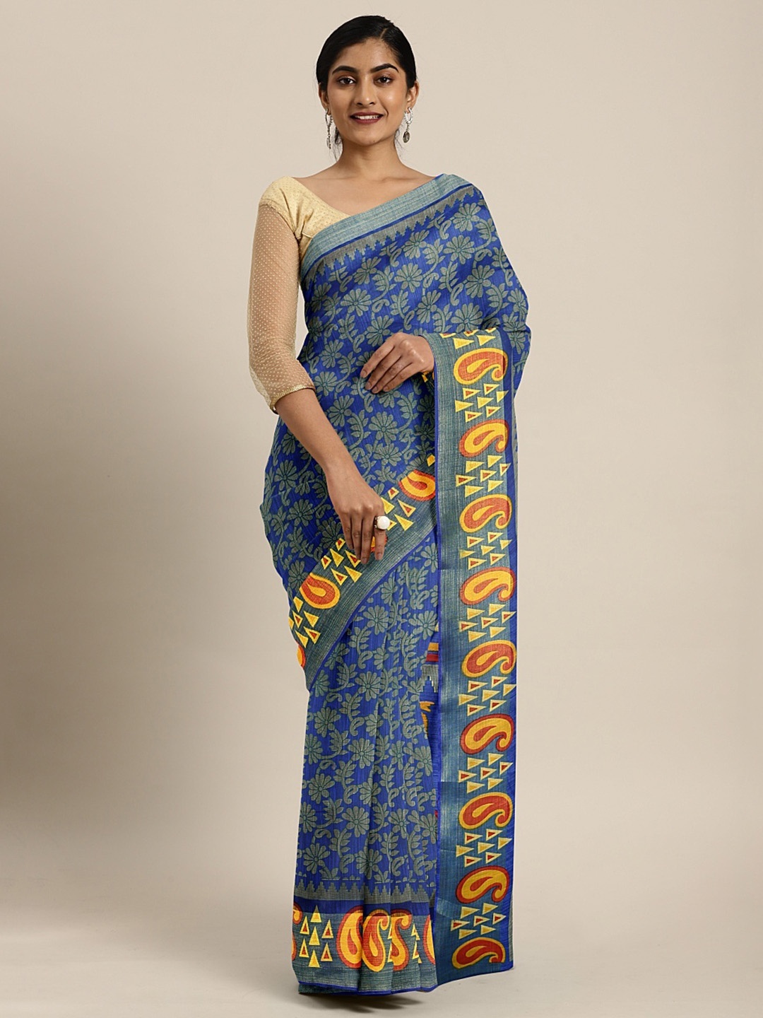 

Pavechas Navy Blue & Beige Poly Georgette Printed Bhagalpuri Saree