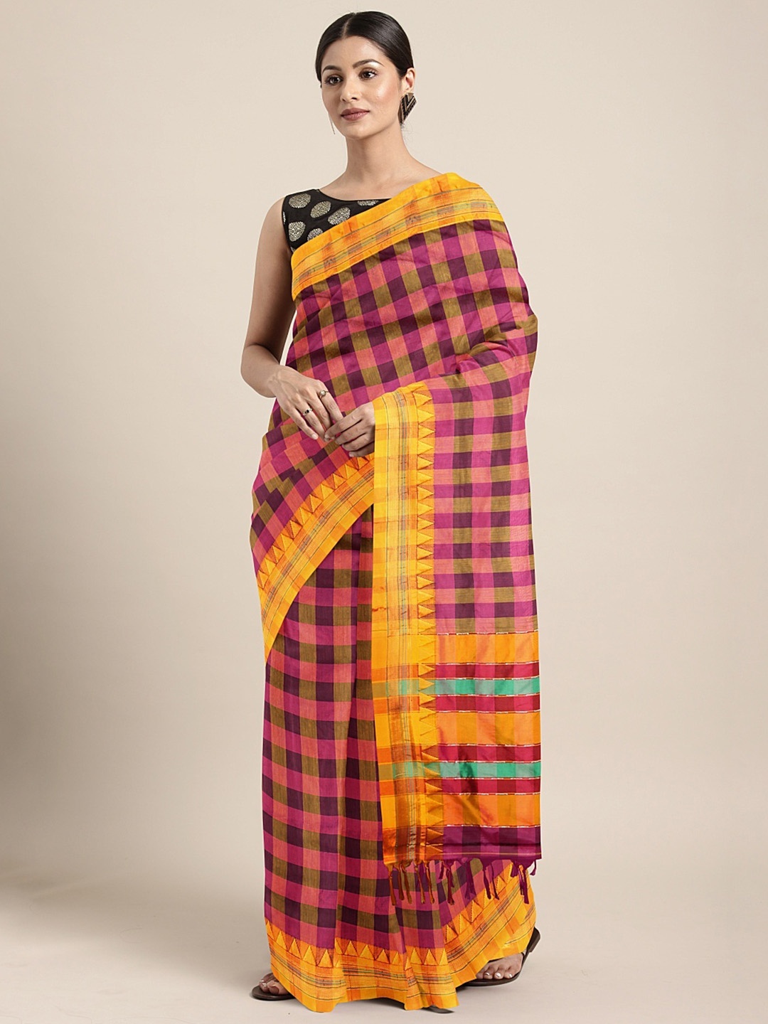 

Pavechas Purple & Mustard Yellow Silk Cotton Checked Venkatgiri Saree