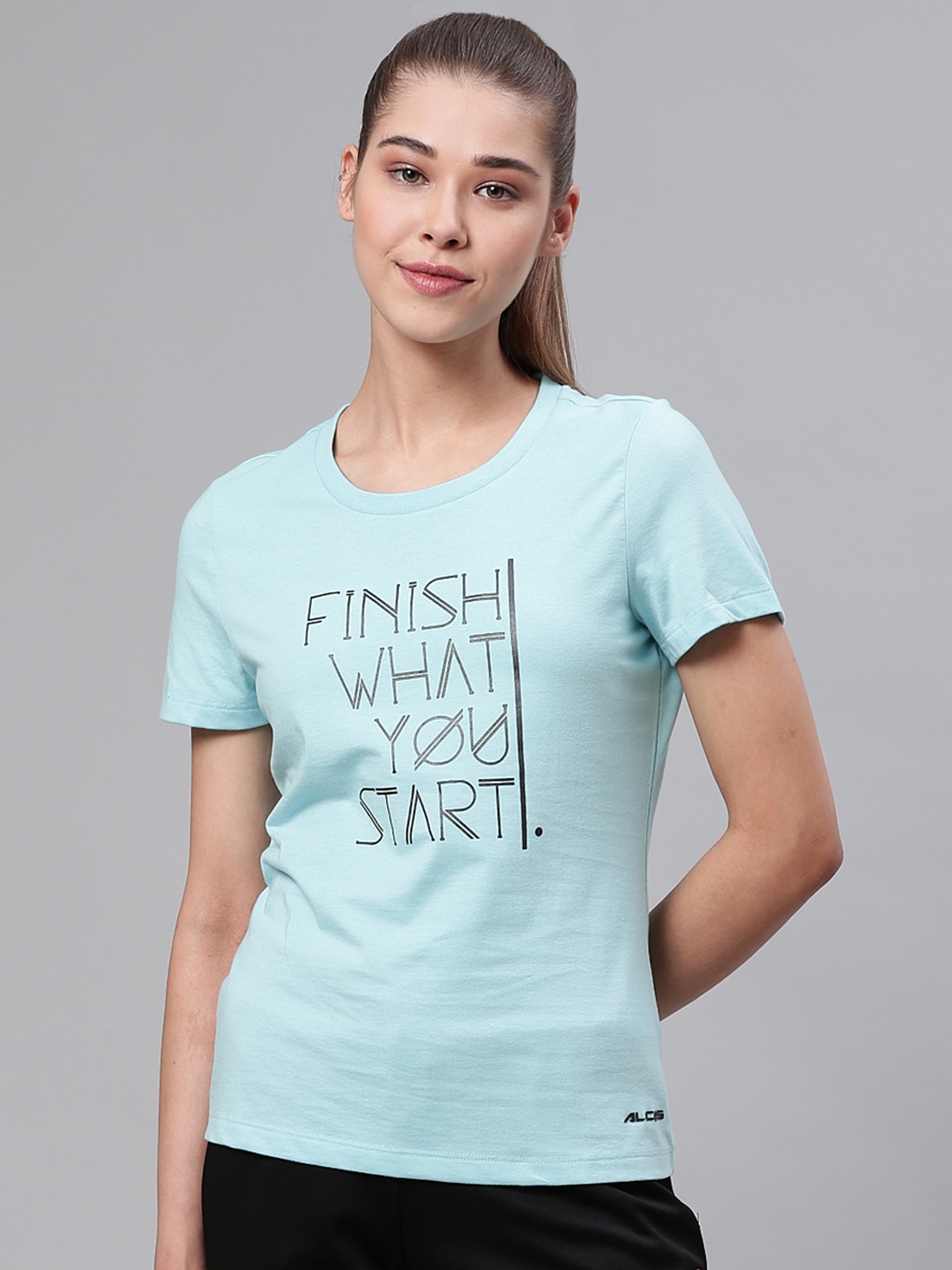 

Alcis Women Blue & Black Printed Round Neck Sports T-shirt