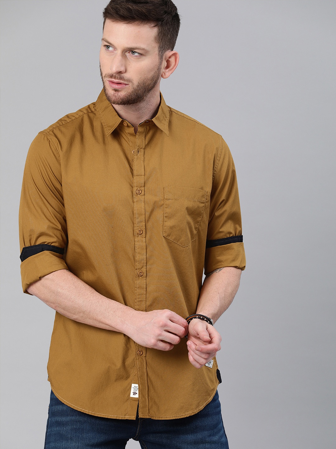 

Roadster Men Olive Brown Cotton Casual Shirt