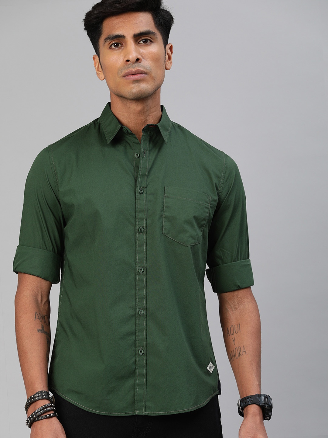 

Roadster Men Green Regular Fit Solid Sustainable Casual Shirt