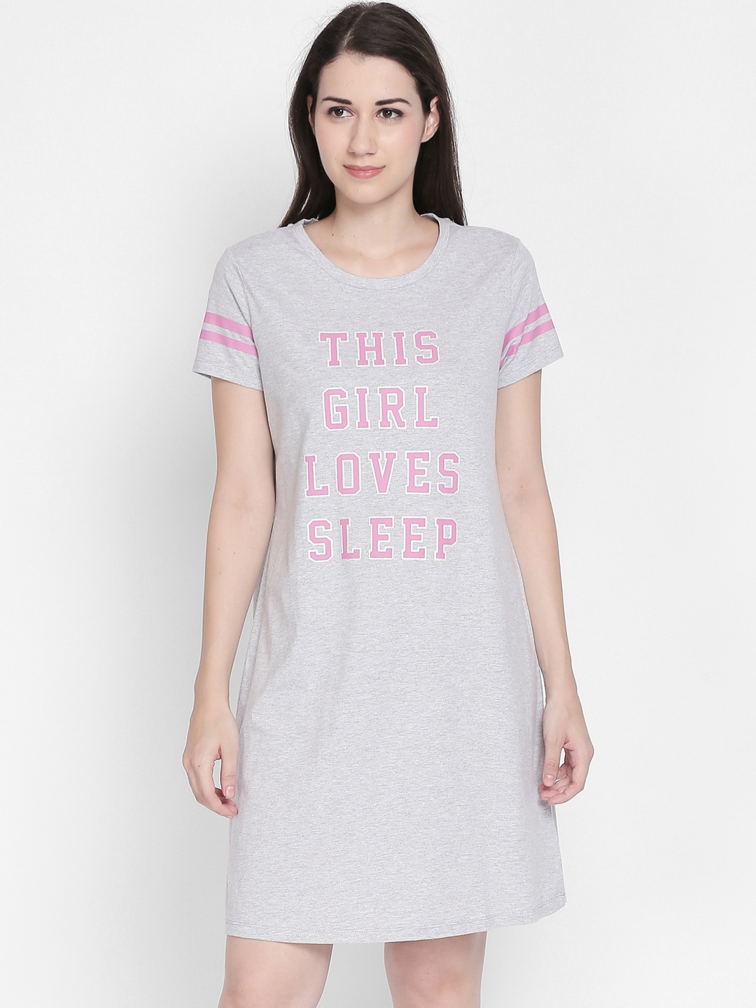 

Dreamz by Pantaloons Women Grey Melange & Pink Printed Sleep Shirt