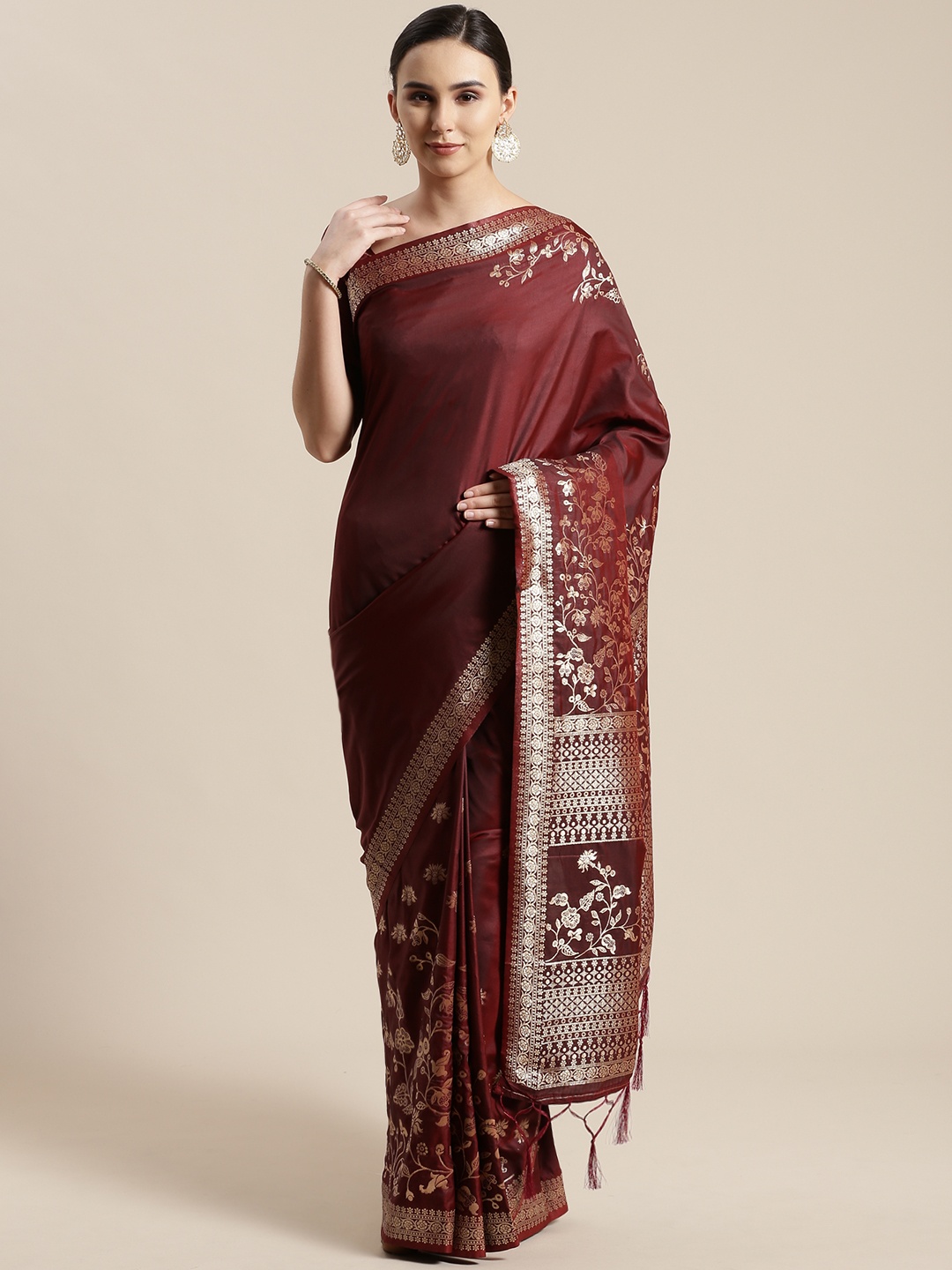 

Saree mall Burgundy & Golden Floral Woven Design Banarasi Saree