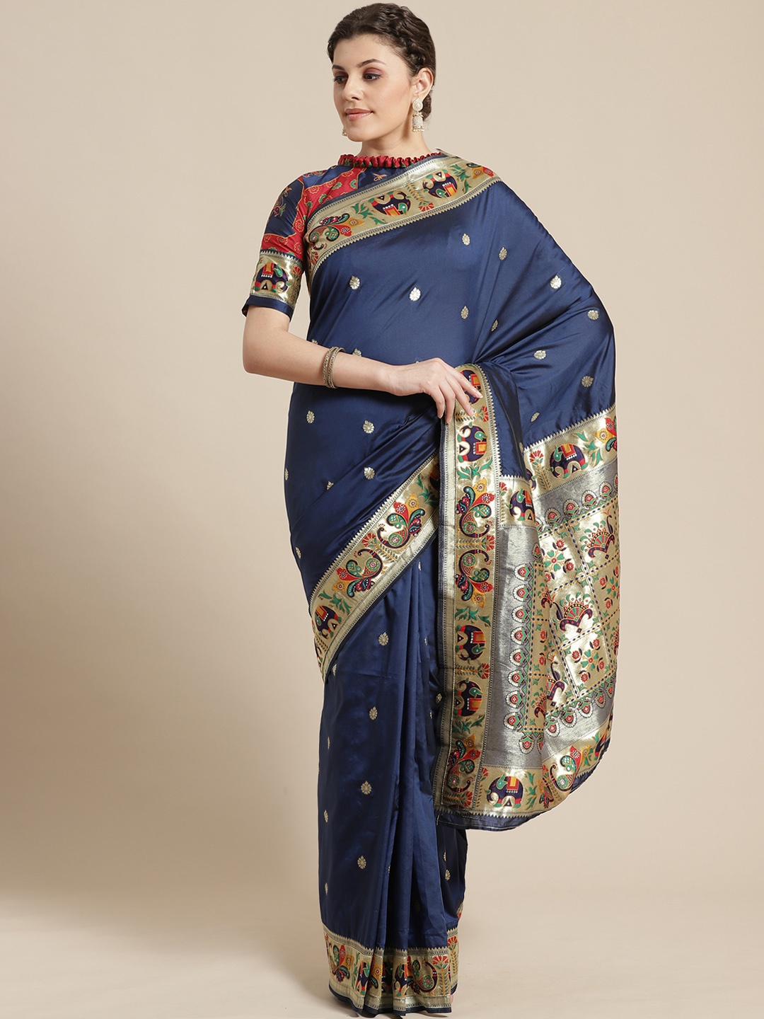 

Saree mall Navy Blue & Golden Woven Design Banarasi Saree